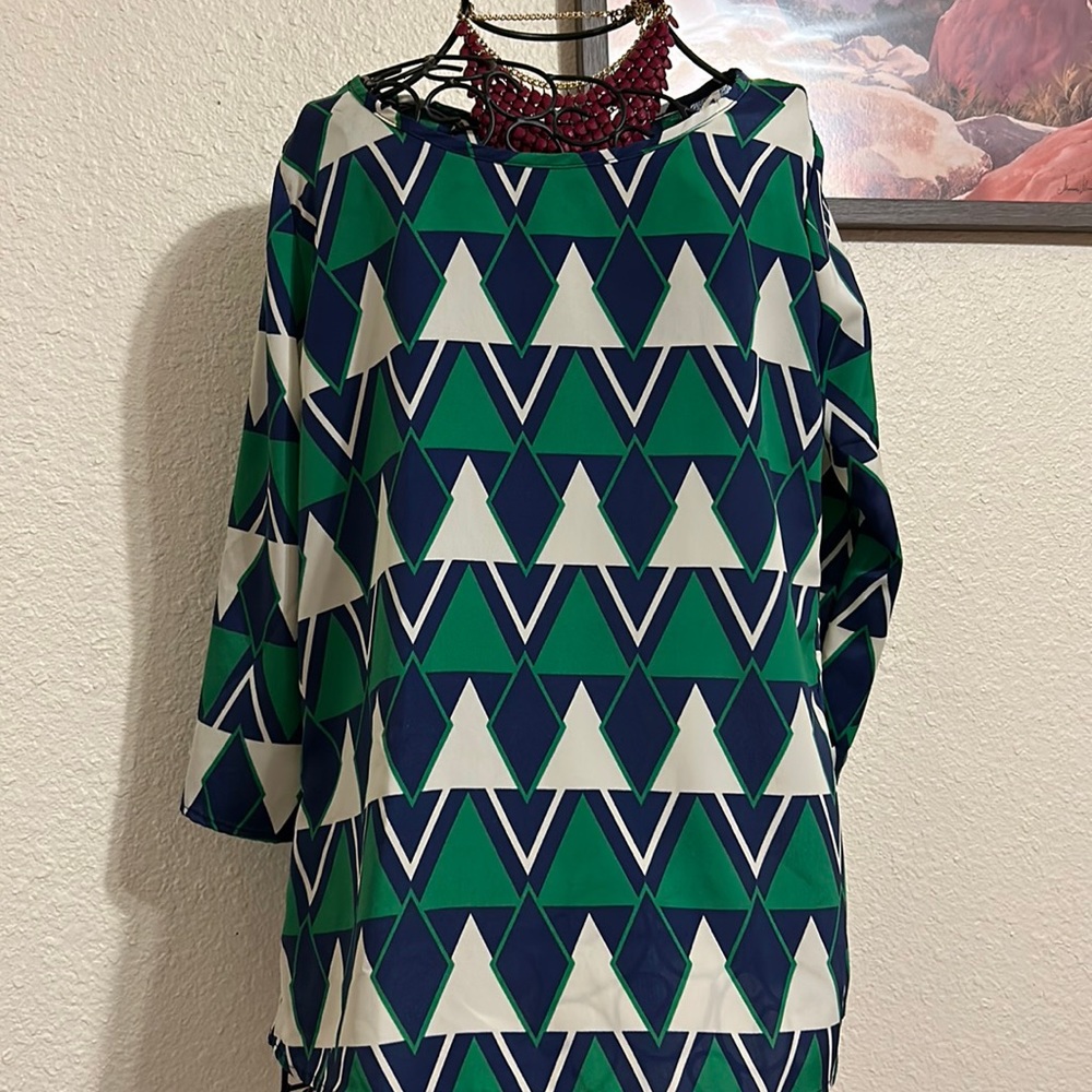 Green, blue, and white printed top